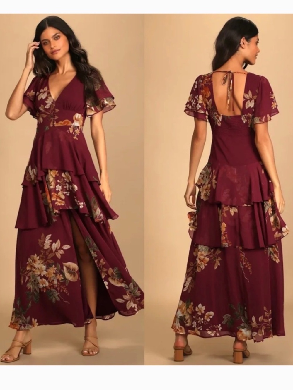 NWT Lulus Midnight Mood Burgundy Floral Print Tiered Maxi Dress XL